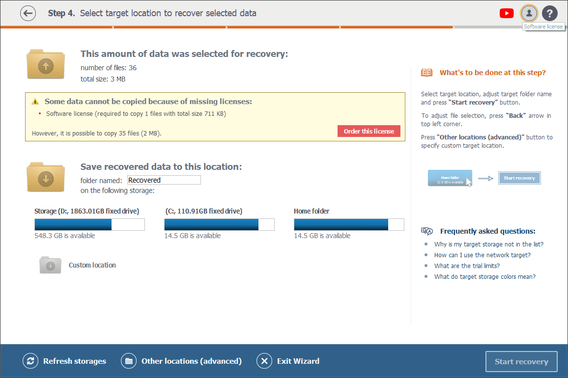 add a license option in right-side panel opened with software license button in upper right corner of raise data recovery program interface