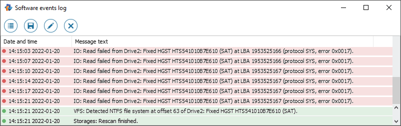 error messages listed in main content area of software events log dialog in raise data recovery software