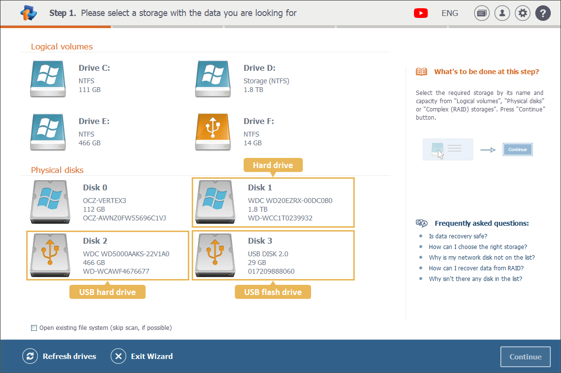 storage devices icons in physical disks tab of raise data recovery program main window