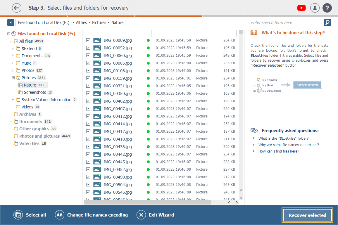 recover selected button at the bottom of raise data recovery program window