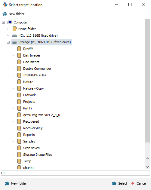 select target location window opened after pressing custom location option on step 4 of recovery procedure in raise data recovery software